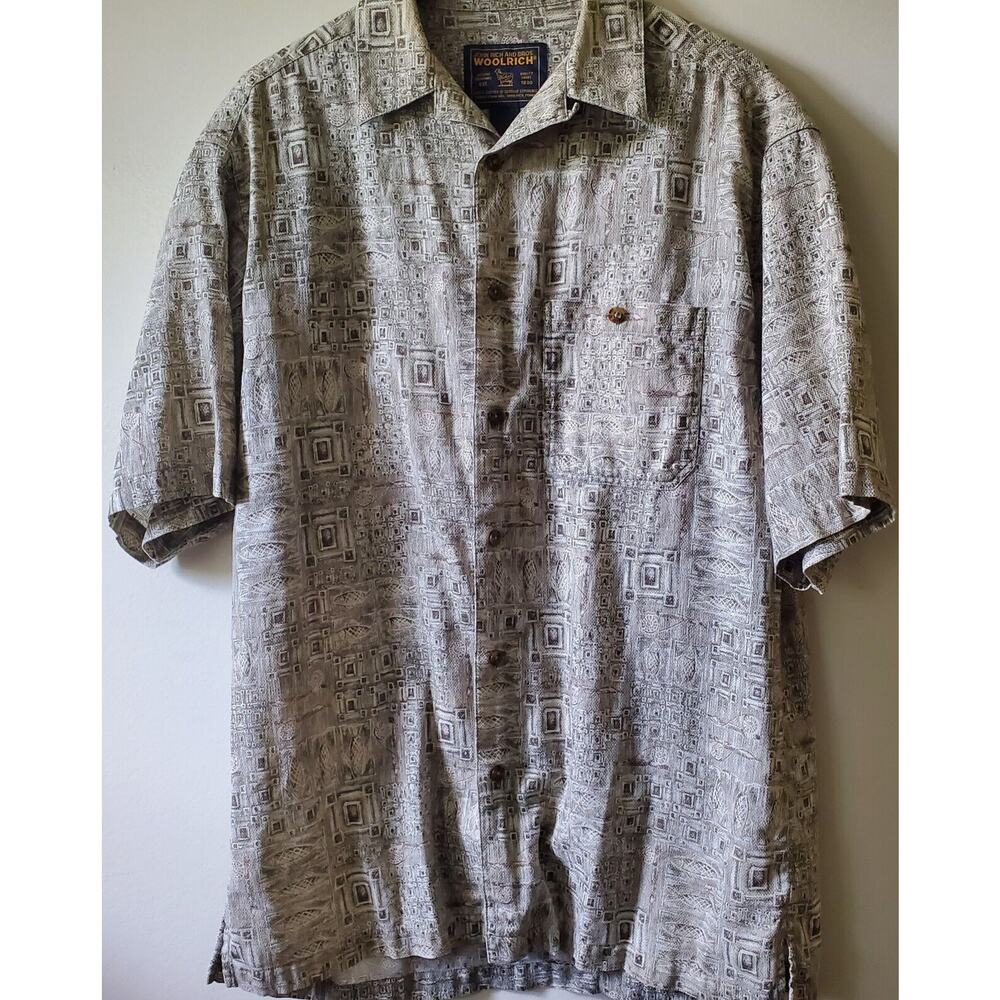 Vintage Woolrich Mens Khaki Surf Safari Tiki Short Sleeve Shirt Size XL